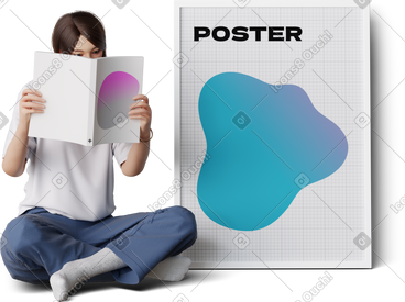 Young woman sitting near the poster and reading book PNG, SVG