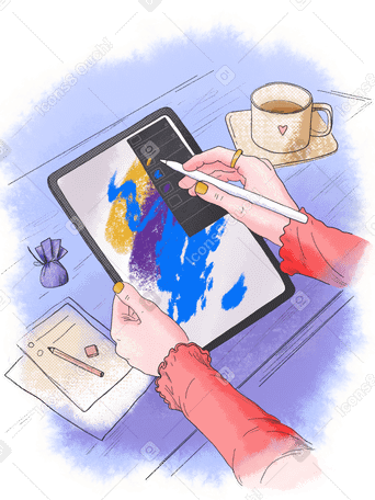 Woman drawing on an ipad at a table PNG, SVG