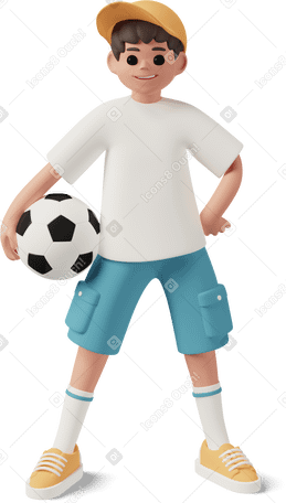 3D boy standing with football with hand on hip PNG, SVG
