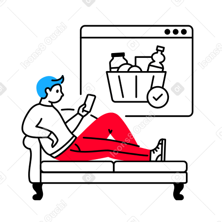 Man orders groceries online while lying on the sofa Illustration in PNG, SVG