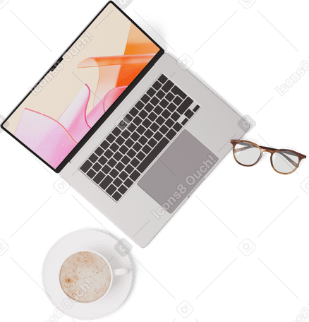 3D top view of laptop, cup of coffee, and glasses PNG, SVG