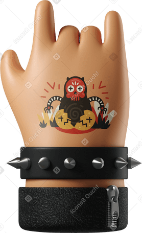 3D Rocker's tanned skin hand with a tattoo showing rock sign PNG, SVG