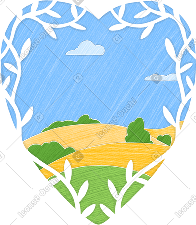 yellow field and blue sky framed in a heart-shaped floral frame PNG, SVG