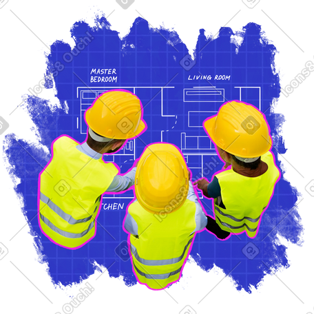 Construction workers review the house floor plan PNG, SVG