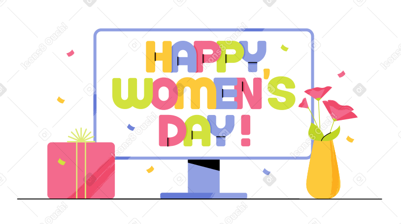 Letras feliz dia da mulher! com flor e caixa de presente PNG, SVG
