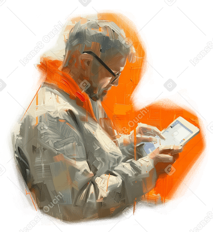 oil painting of a man using a tablet PNG, SVG
