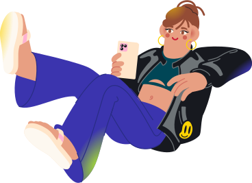 Woman in black leather jacket looking at her phone PNG, SVG