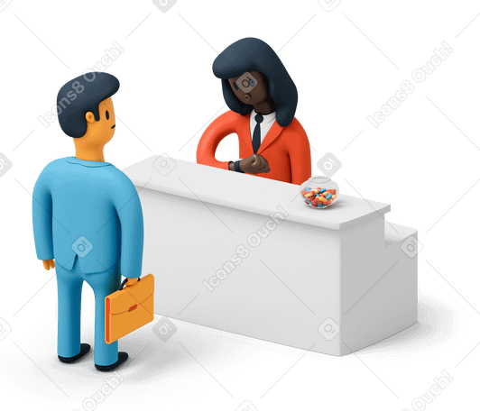 3D Female receptionist and businessman standing at reception desk PNG, SVG