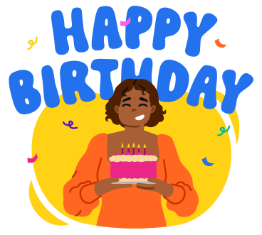 Happy birthday lettering above young woman with cake PNG, SVG