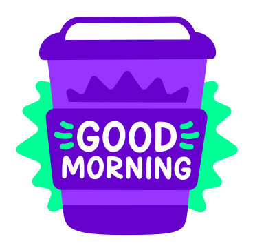 Pegatina con letras buenos días comida para llevar taza de café verde violeta texto PNG, SVG