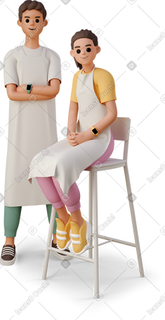 3D young woman with apron sitting close to young man with apron standing PNG, SVG