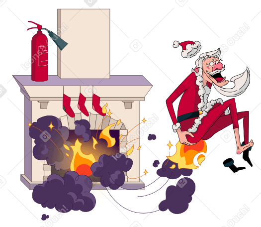 Santa Claus jumping out of the fireplace with a burning bum PNG, SVG