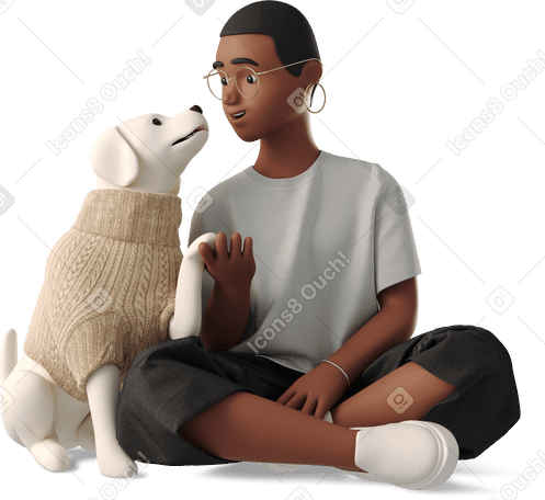 3D young woman sitting on the ground with dog in sweater Illustration in PNG, SVG