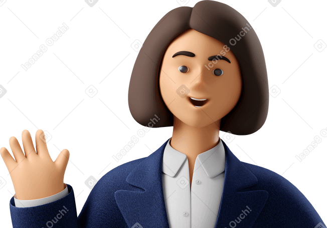 3D close up of businesswoman in blue suit waving hello в PNG, SVG