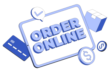 Lettering order online con segno di spunta, scatola della spesa e testo delle monete PNG, SVG