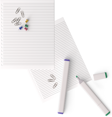 two markers, two sheets of paper, some pins and paper clips PNG, SVG