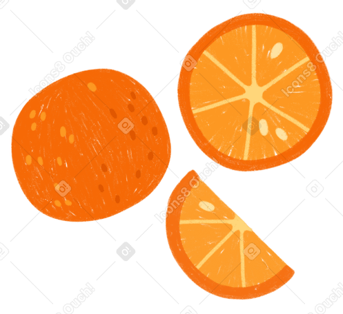 Naranja, media naranja y rodaja de naranja. PNG, SVG