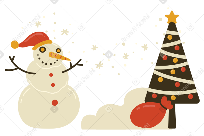 A snowman next to Christmas tree PNG, SVG