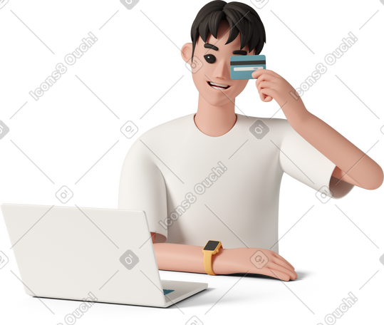 3D cheerful man holding credit card PNG, SVG