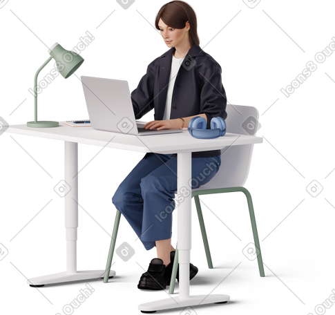 3D 使用笔记本电脑工作的年轻女子 PNG, SVG