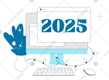 浏览器窗口中的数字 2025，以及圣诞树枝和花环灯 PNG, SVG