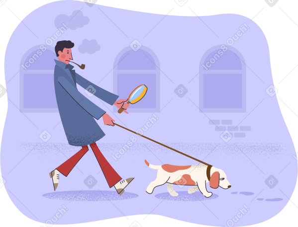 Детектив-мужчина гуляет со своей собакой, выслеживая запах в PNG, SVG