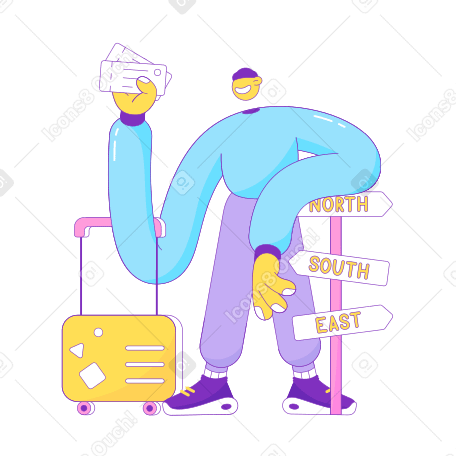 Un gars avec un billet et une valise se tient près du panneau PNG, SVG