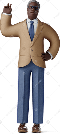 3D old businessman showing v sign and holding hand on hip Illustration in PNG, SVG