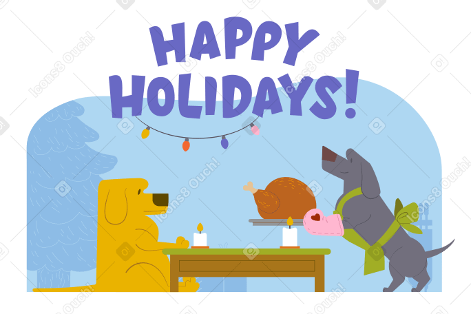 Illustration Texte de joyeuses fêtes et chien fixant le dîner de vacances aux formats PNG, SVG