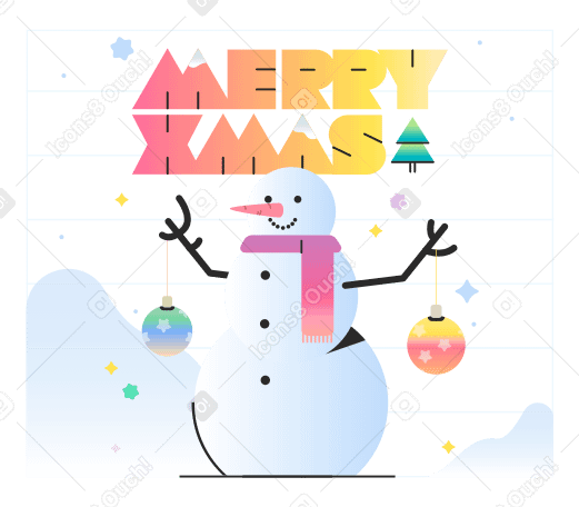 圣诞快乐文本和雪人在冬季背景中拿着圣诞树球 PNG, SVG