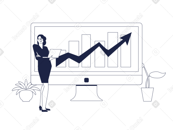Woman with laptop on background of monitor with analytics on screen Illustration in PNG, SVG