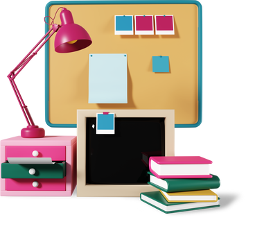 office drawer with books, lamp, moodboard and blackboard PNG, SVG