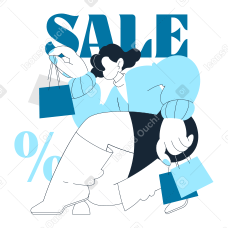 Text sale and woman squatting with purchases lettering PNG, SVG