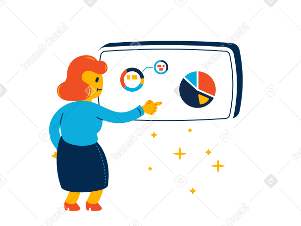 Mujer apuntando al gráfico circular en la pizarra PNG, SVG