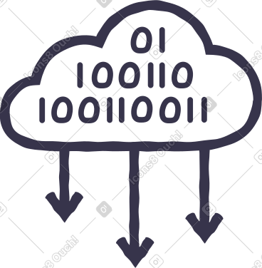 Black outline cloud with three arrows down and binary code inside PNG, SVG