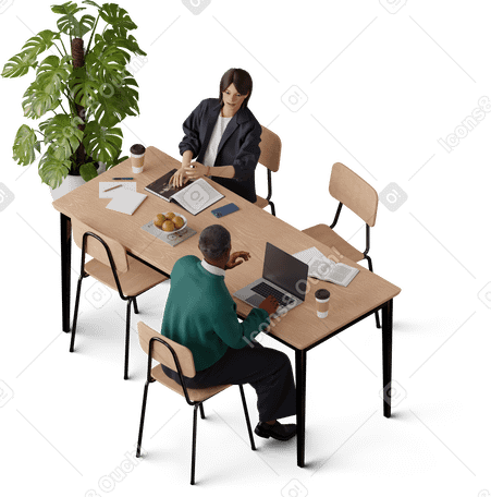 3D isometric view of young girl and man working at office desk PNG、SVG