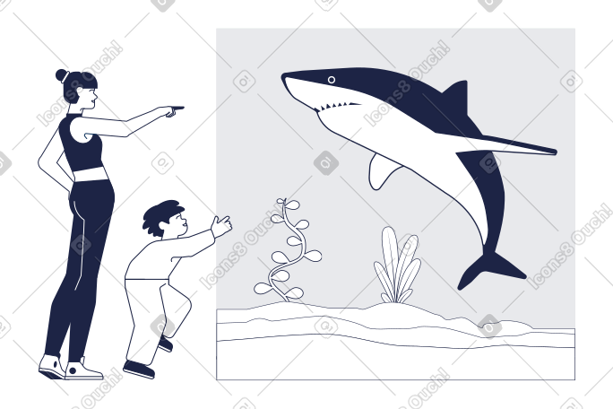 母子在水族馆看鲨鱼 PNG, SVG