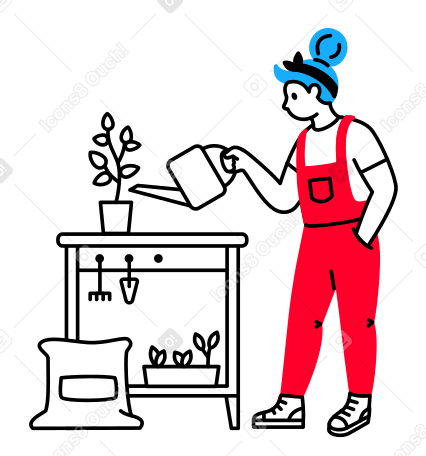 Girl in overalls is gardening and watering a plant PNG, SVG