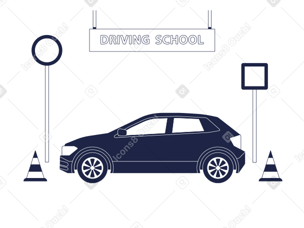 在路标和交通锥、驾校标志背景下的乘用车 PNG, SVG