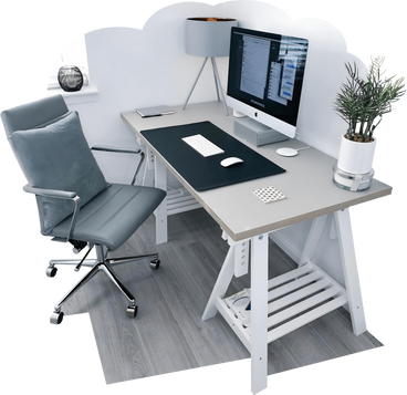 背景是一张桌子、一把扶手椅和一台电脑 PNG, SVG