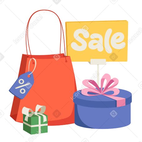 Cartel de venta con bolsa de compras y cajas. PNG, SVG