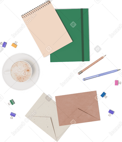 3D Vue de dessus des enveloppes, des cahiers et une tasse de café PNG, SVG