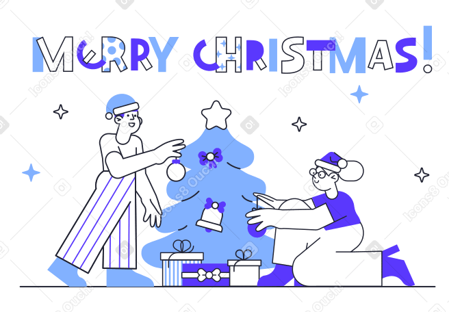Merry Christmas with couple decorating Christmas tree PNG, SVG