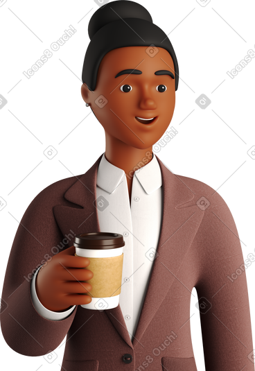 Black businesswoman in brown suit with paper coffee cup PNG, SVG