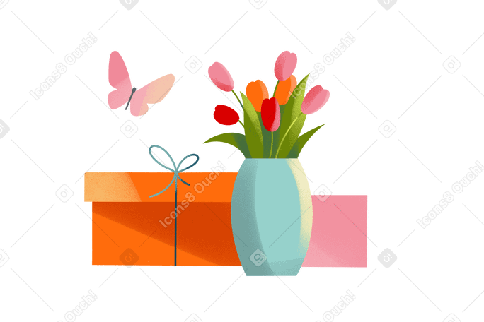 Festive boxes and a bouquet of flowers in a vase Illustration in PNG, SVG