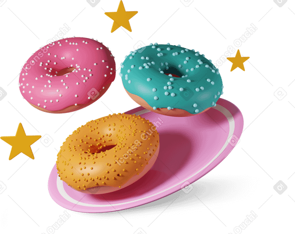 3D Donuts y estrellas en un plato PNG, SVG