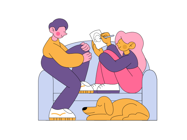 Man and woman with dog relaxing on sofa Illustration in PNG, SVG