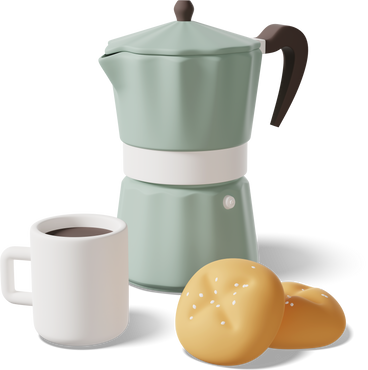 moka pot with cup of coffee and buns PNG, SVG