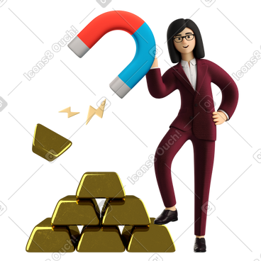 穿红色西装的女商人用磁铁磁化金条 PNG, SVG