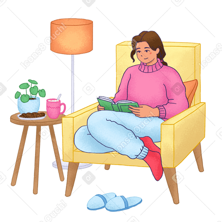 Mujer sentada en un sillón y leyendo un libro PNG, SVG